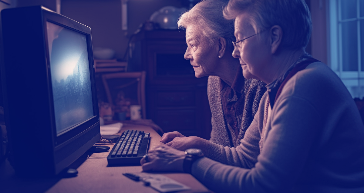 Äldre och internet, två svenska damer kollar in statistik och hälsa och internetvanor på en stationär dator.